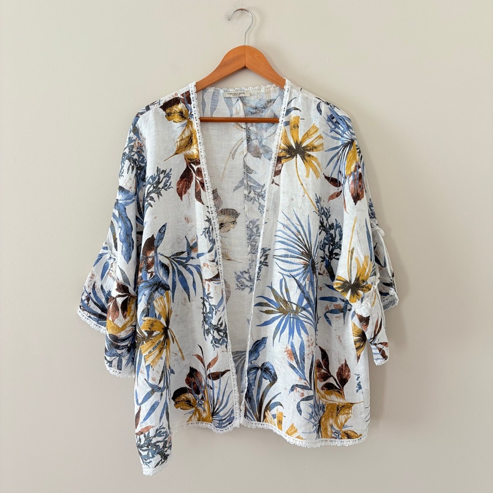 Francesca‎ Bettini Linen Kimono OS Floral Tropical Boho Lace Trim Made in Italy